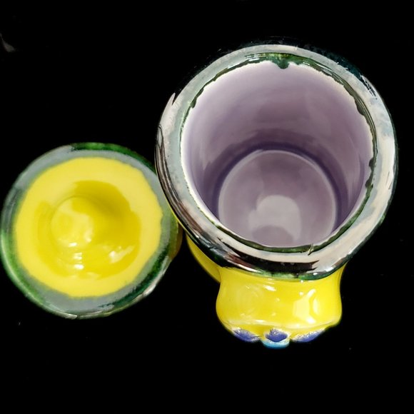 Handmade Small Ceramic Stash Jar in Bright Yellow with a Blue Flower - Picture 9 of 11